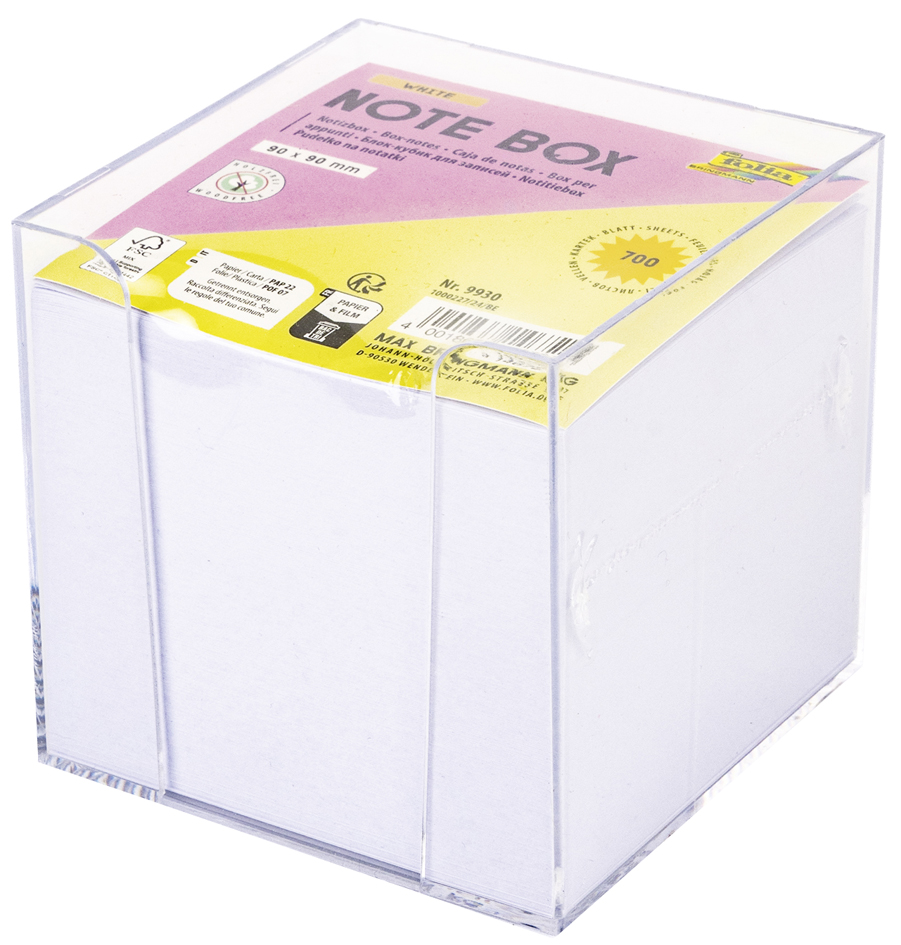 folia Memoblok met houder, kunststof, 90 x 90 mm, transparant/wit folia Memoblok met houder, kunststof, 90 x 90 mm, transparant/wit