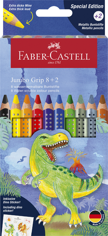 FABER-CASTELL Jumbo GRIP Dino driekantige kleurpotloden, 8+2 FABER-CASTELL Jumbo GRIP Dino driekantige kleurpotloden, 8+2