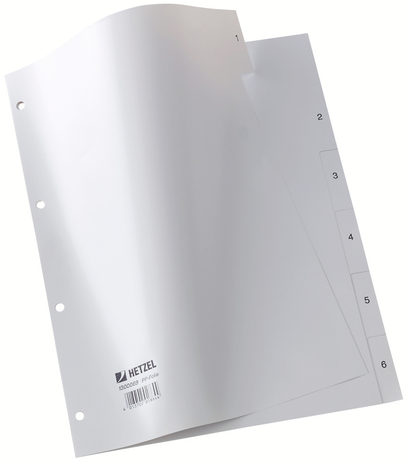 HETZEL kunststof tabbladen cijfers 1-6, A4, PP, grijs HETZEL kunststof tabbladen cijfers 1-6, A4, PP, grijs