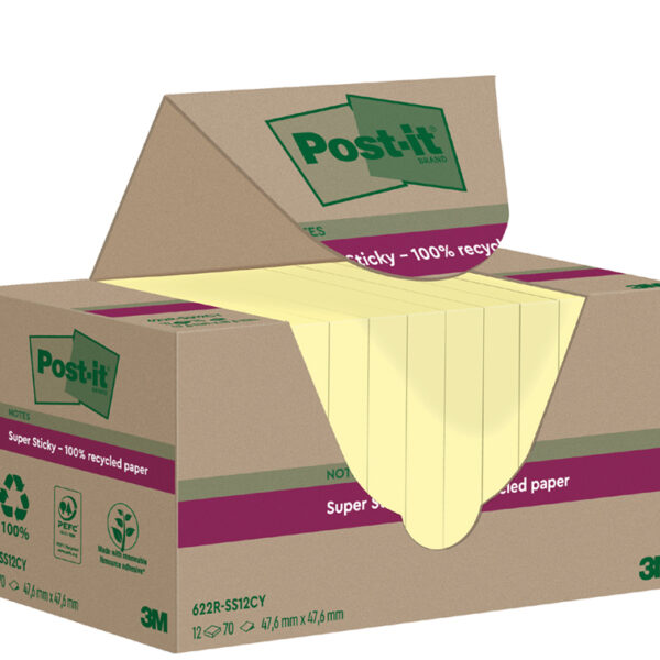 Post-it Super Sticky gerecyclede notitieblokjes, 47,6 x 47,6 mm, geel