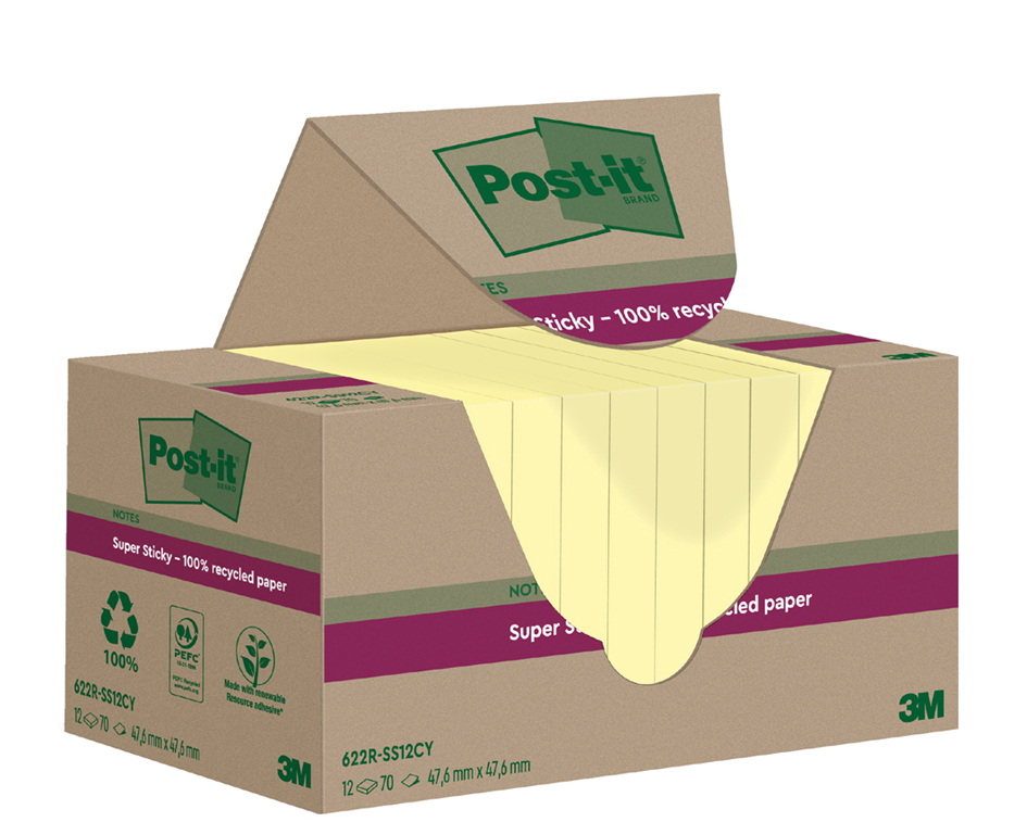 Post-it Super Sticky gerecyclede notitieblokjes, 47,6 x 47,6 mm, geel Post-it Super Sticky gerecyclede notitieblokjes, 47,6 x 47,6 mm, geel