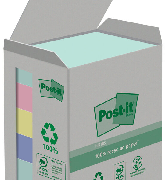 Post-it Zelfklevende notitieblokjes gerecycled, 38 x 51 mm, 4 kleuren