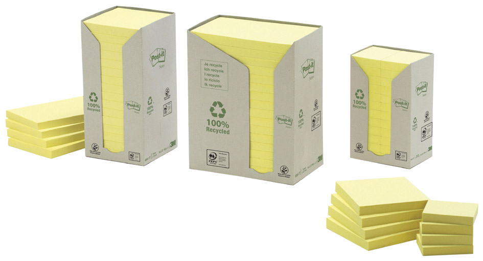 Post-it zelfklevende notitieblokjes gerecycled, 38 x 51 mm, geel Post-it zelfklevende notitieblokjes gerecycled, 38 x 51 mm, geel