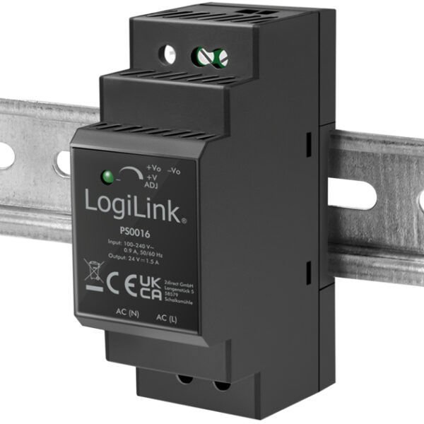 LogiLink Hulpstukrailvoeding, 36 Watt, 24 Volt, zwart